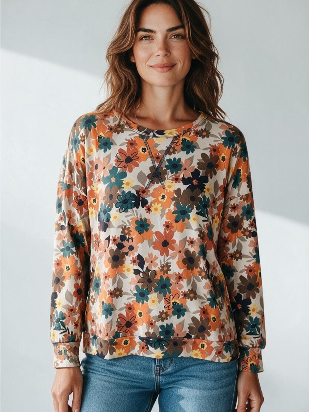 Floral Crewneck Pullover in Orange & Teal